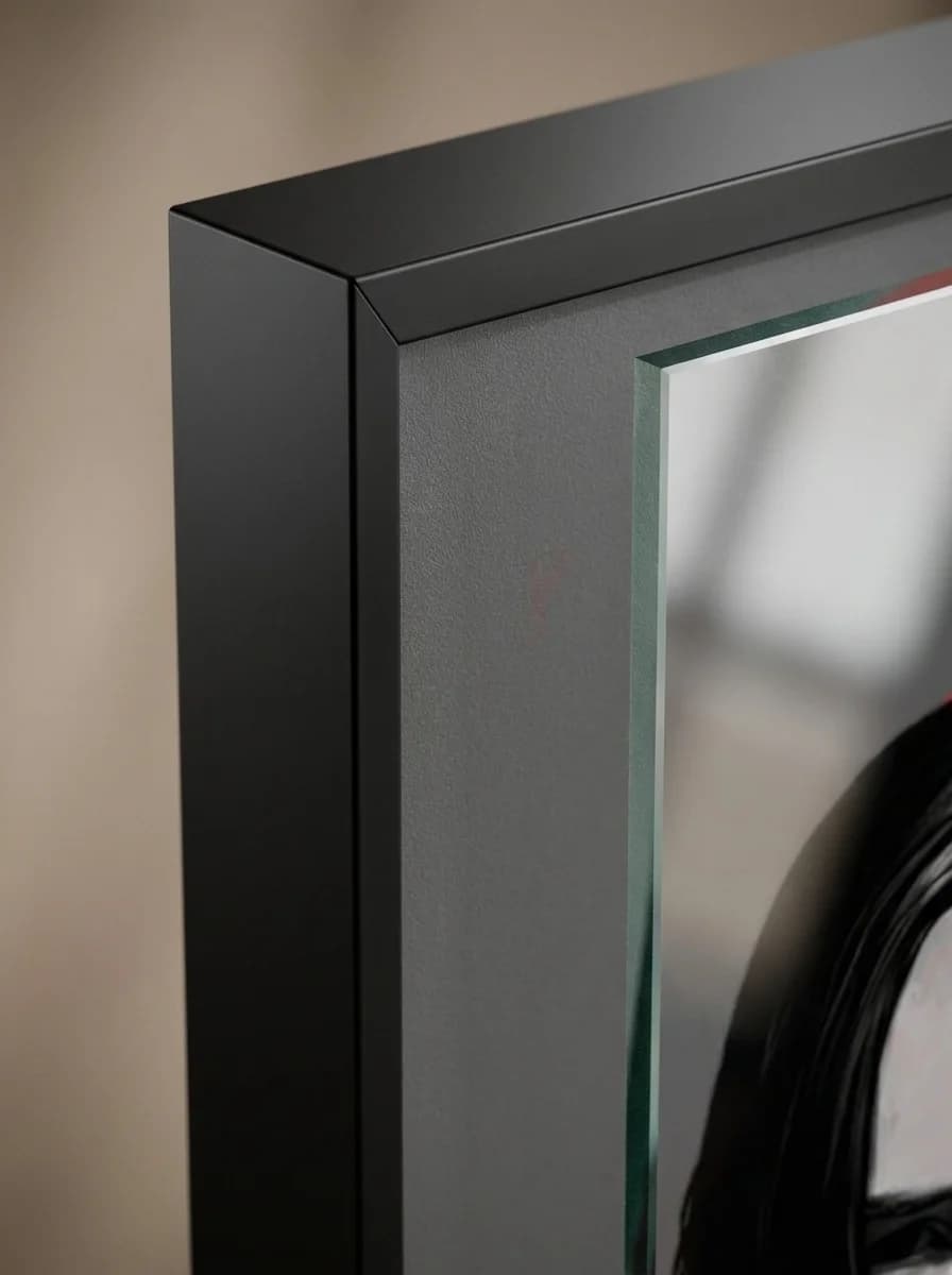 Close-up macro detail of John Wick noir canvas floating frame corner