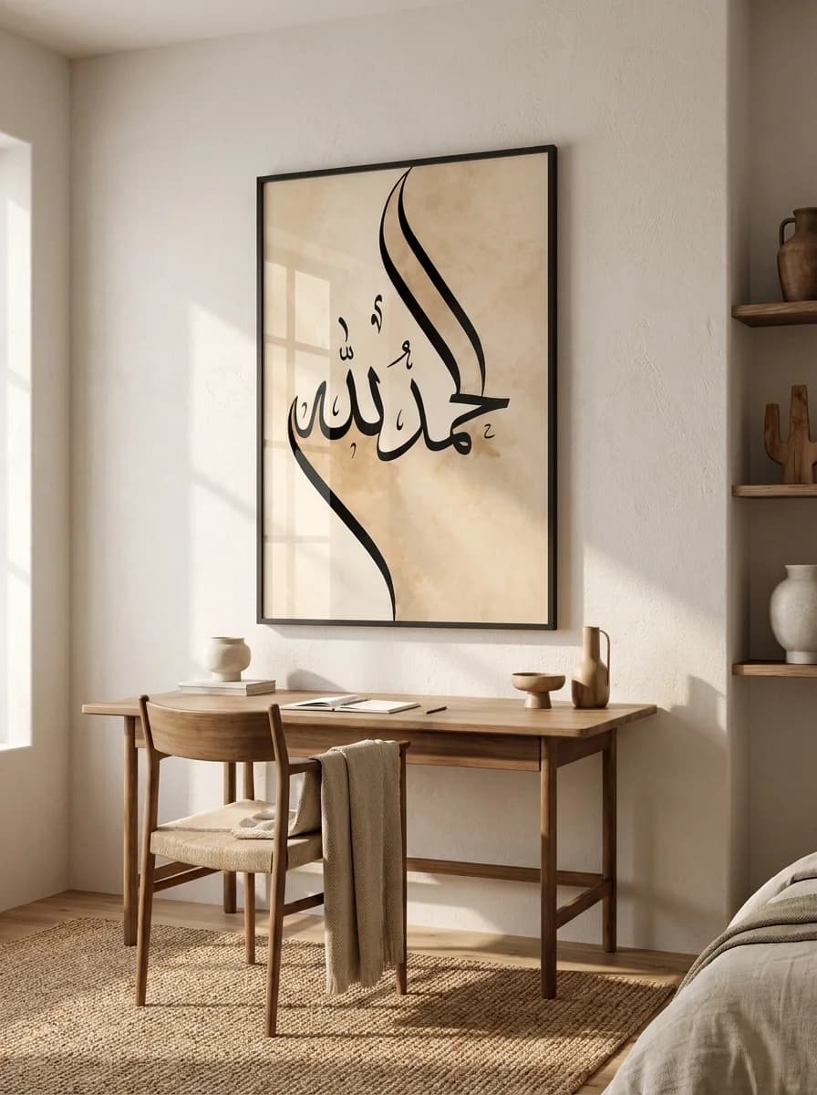 Alhamdulillah framed wall art displayed above wooden study desk