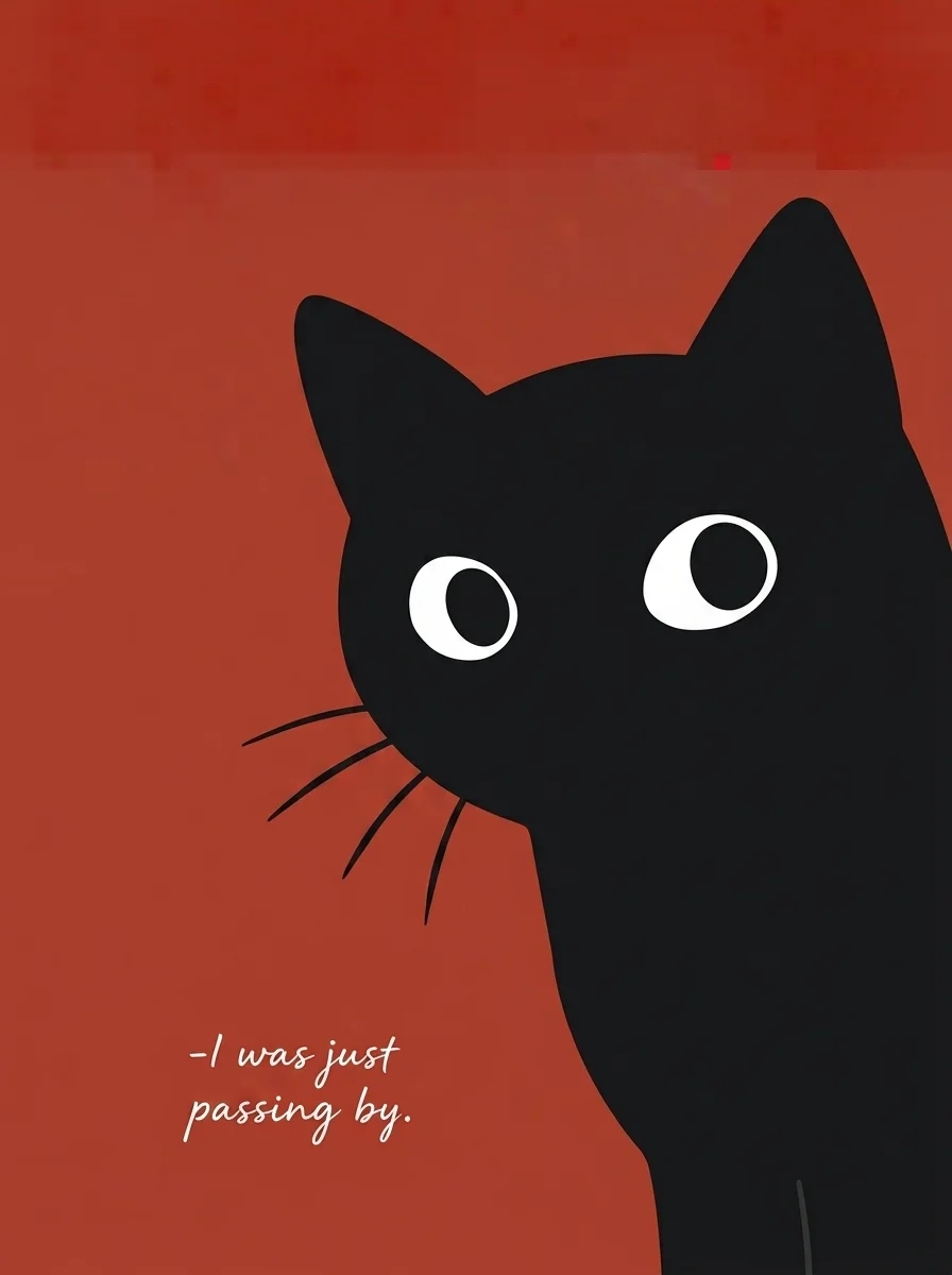 Wide-eyed black cat peeking into frame on a terracotta ground