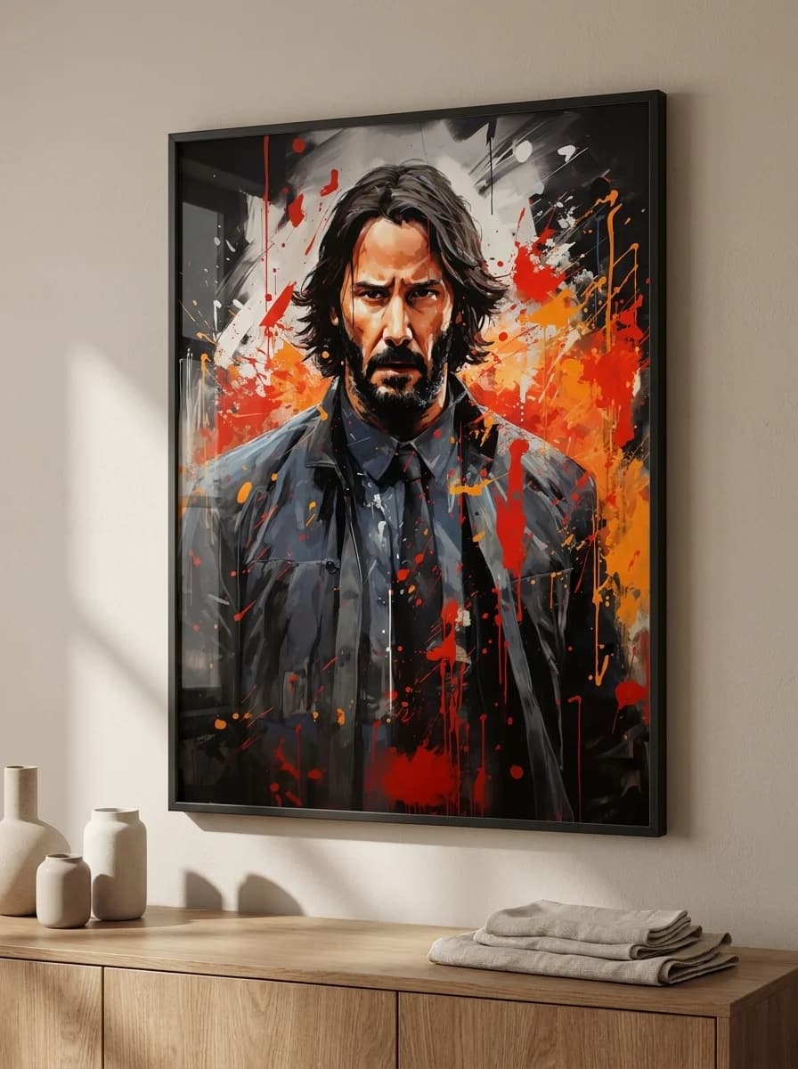 John Wick framed artwork above contemporary sideboard