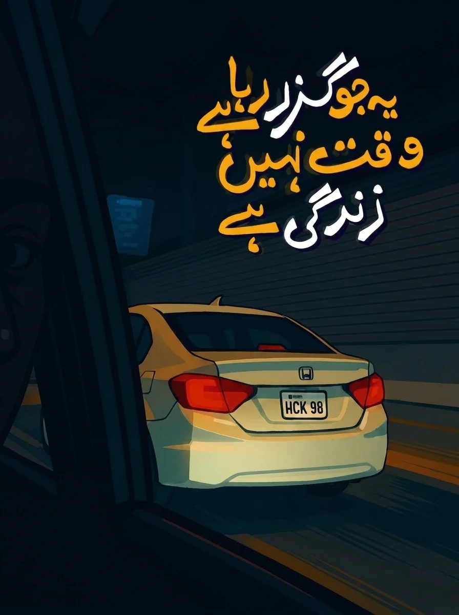 Urdu typography artwork over an illustrated Honda City at night