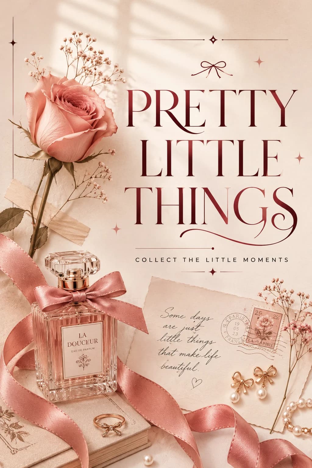 Rose, perfume bottle, pearls and handwritten note arranged around rose serif type