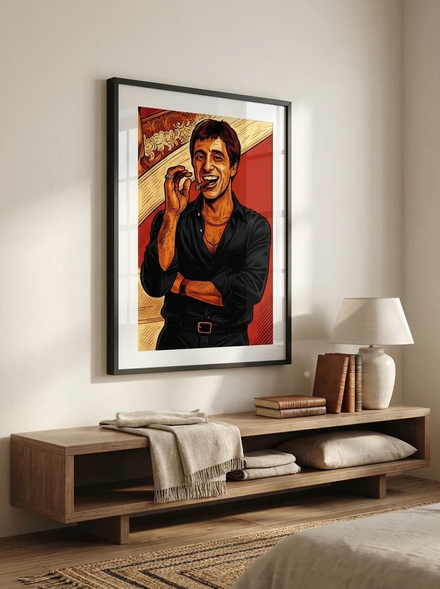 Tony Montana Scarface canvas above modern lowboard in living room