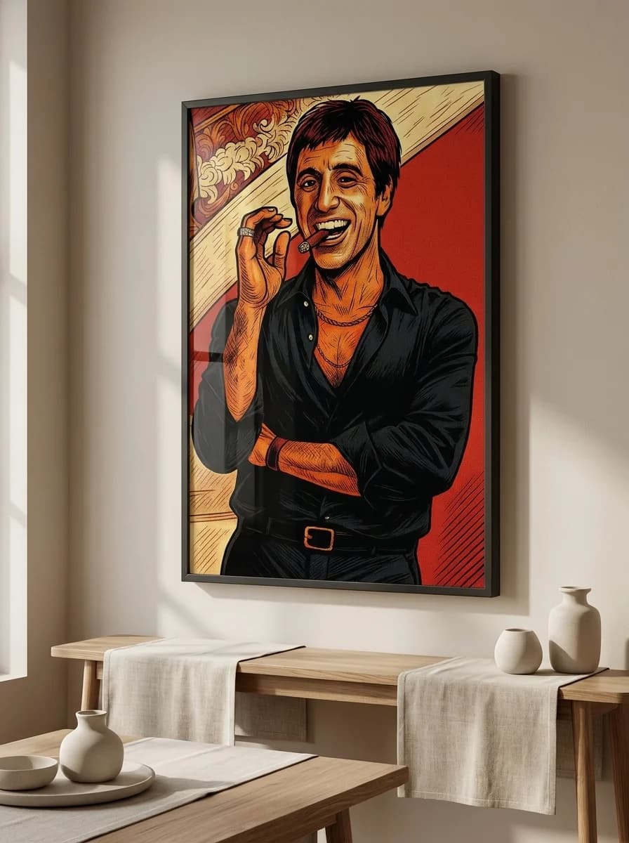 Tony Montana framed wall art above dining console bench