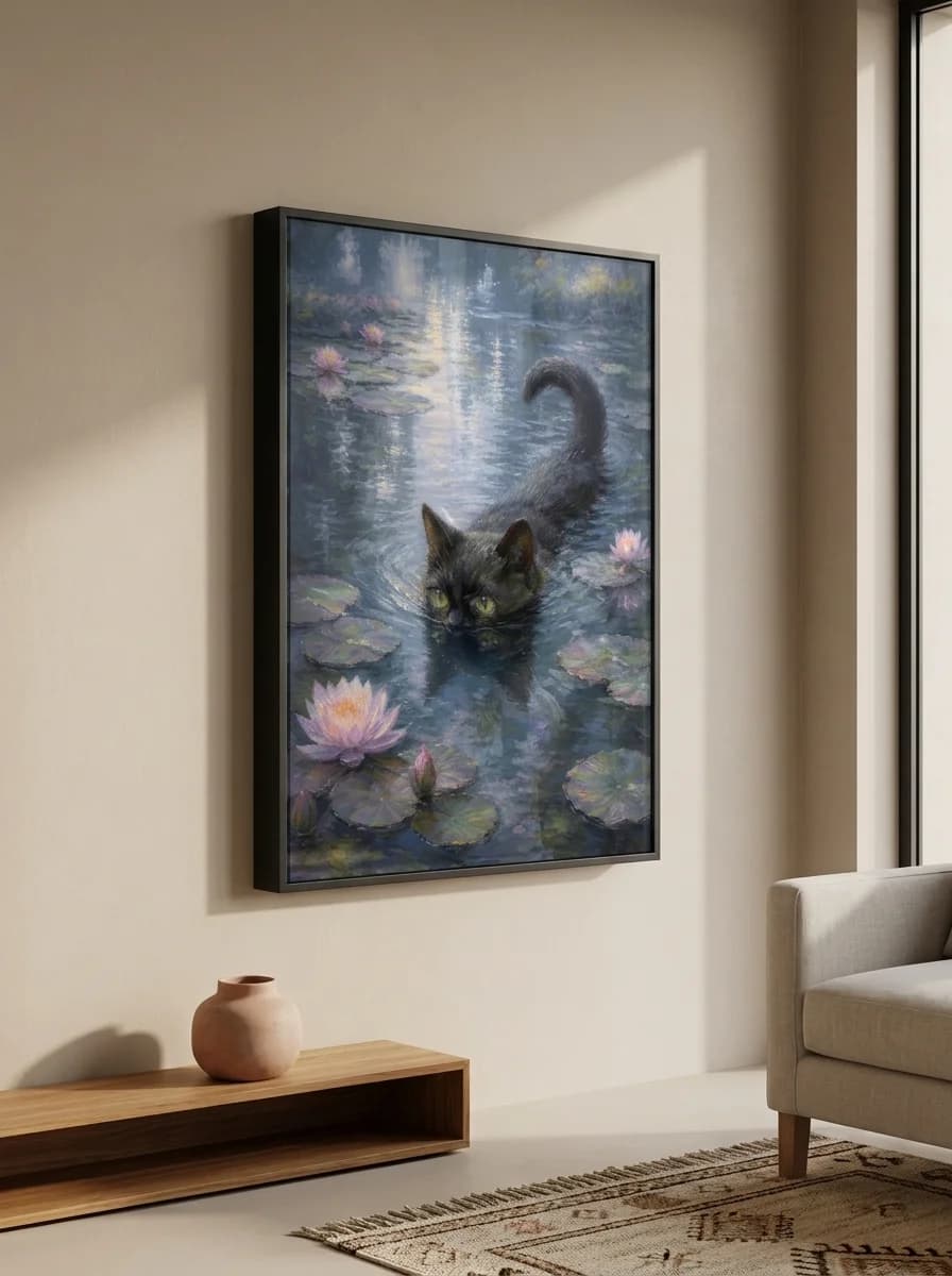 Waterlily Cat — Impressionist Pond Canvas Wall Art