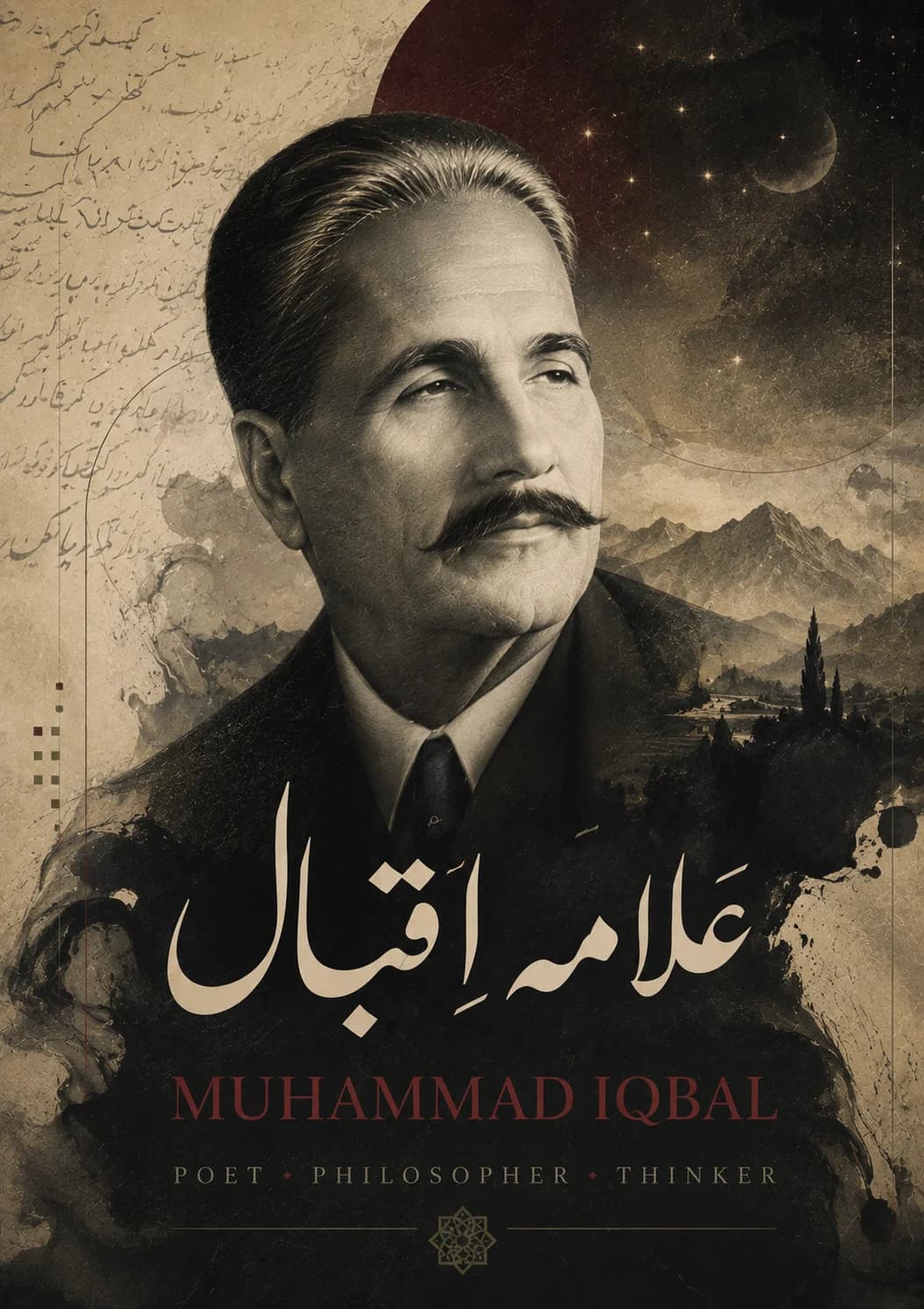 Sepia portrait of Allama Iqbal with Urdu calligraphy, mountains and crimson sky