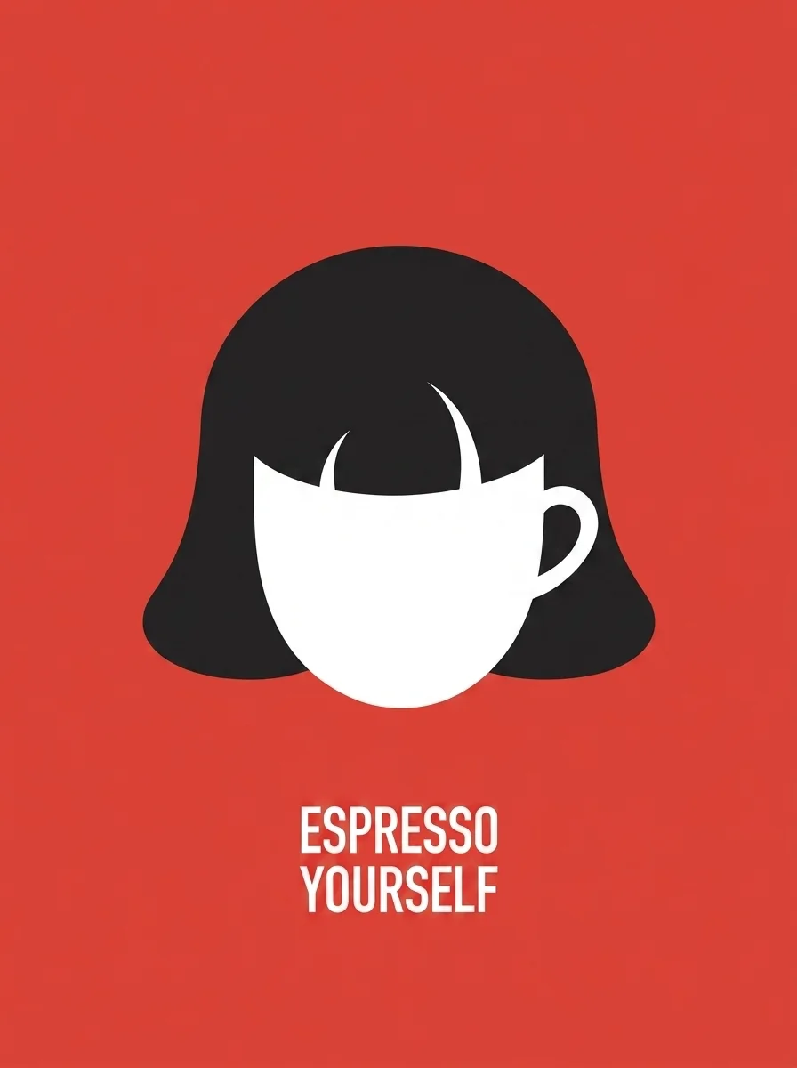 Coffee cup and bob haircut sharing one silhouette on red, captioned Espresso Yourself