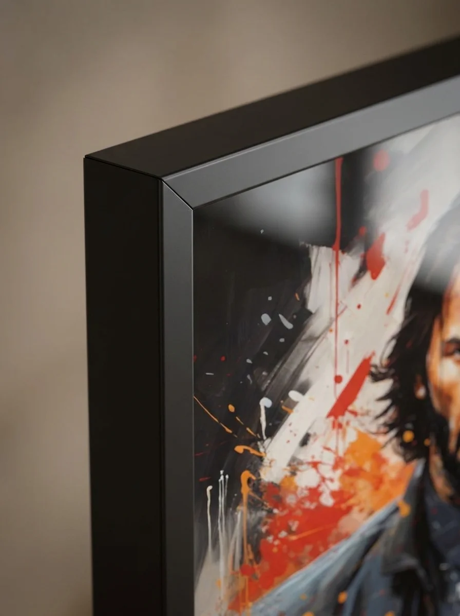 Close-up macro detail of John Wick splatter print and sleek black frame bevel