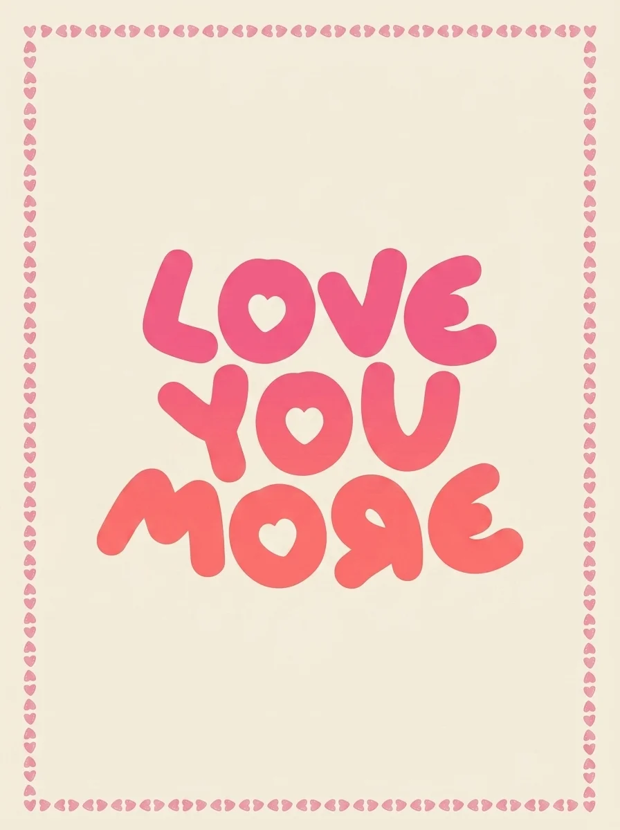Pink bubble lettering reading Love You More inside a border of small hearts