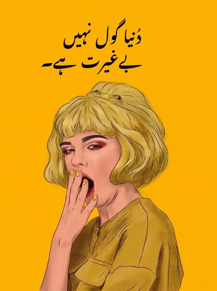 Urdu lettering above an illustrated figure yawning, on mustard yellow