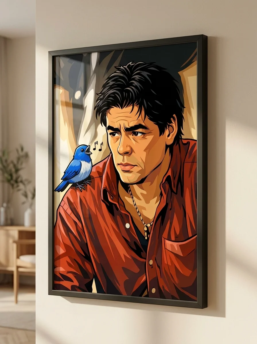Alejandro framed pop art on gallery wall in bright hallway
