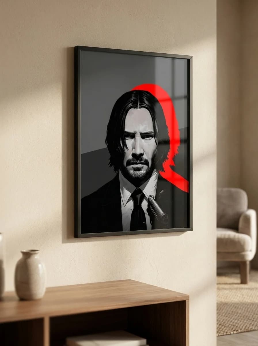 John Wick noir framed art displayed above entryway wooden console