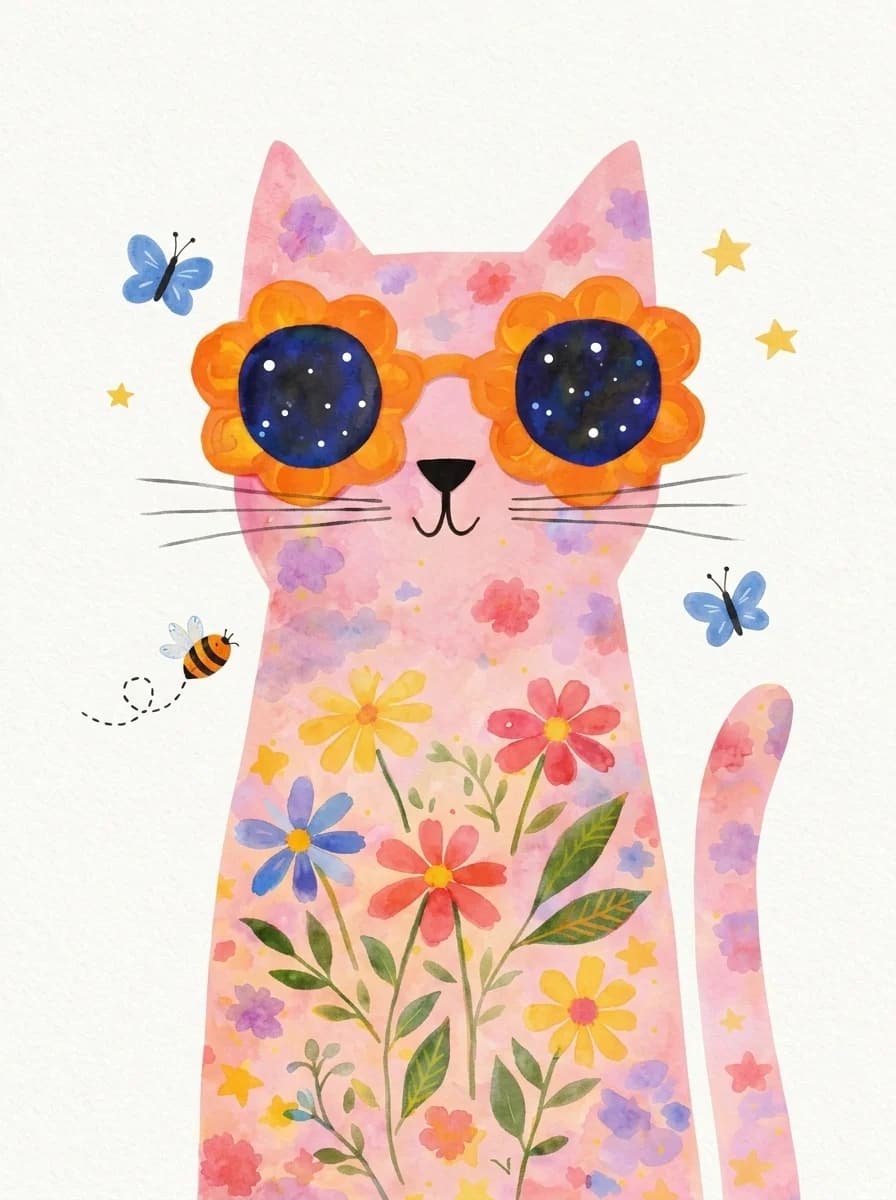 Watercolour pink cat wearing flower sunglasses with daisies across its body
