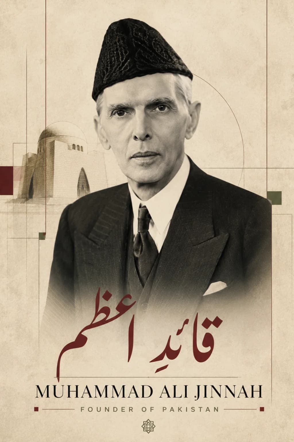 Archival portrait of Muhammad Ali Jinnah in karakul cap with crimson Urdu calligraphy