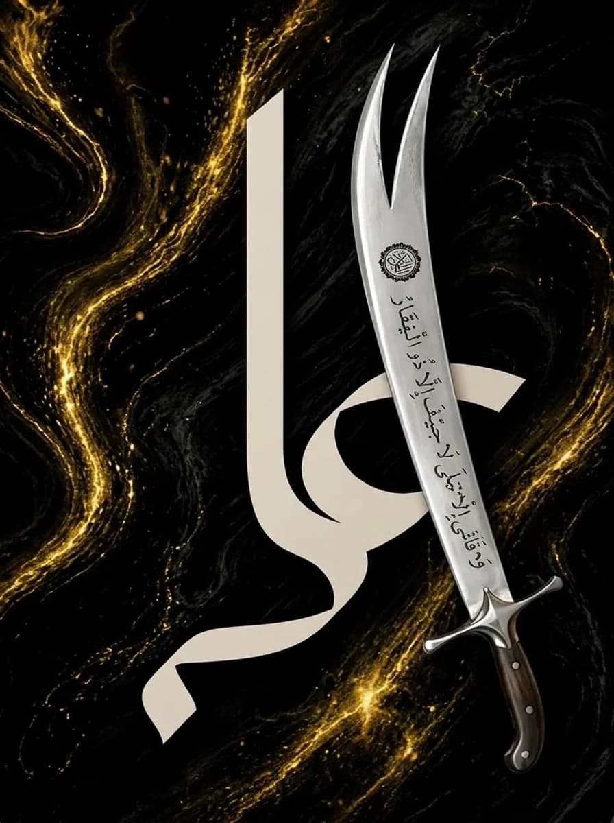 Twin-bladed Zulfiqar sword over ivory Ali calligraphy on black and gold marble