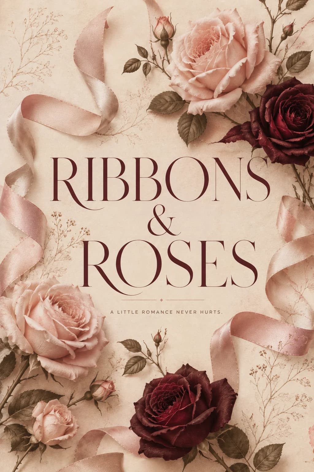 Blush and burgundy garden roses framing Ribbons and Roses in a fine serif