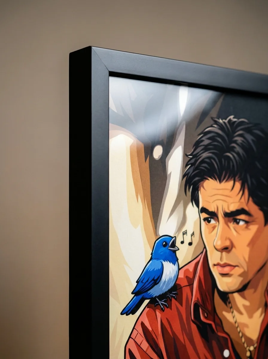 Close-up macro detail of Alejandro pop art print texture and black frame bevel