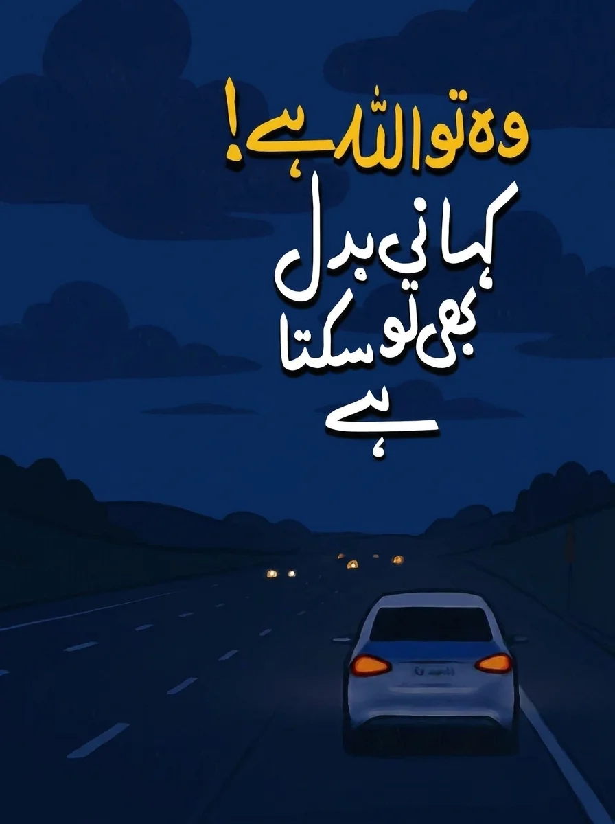 Urdu calligraphy over an illustrated motorway at dusk