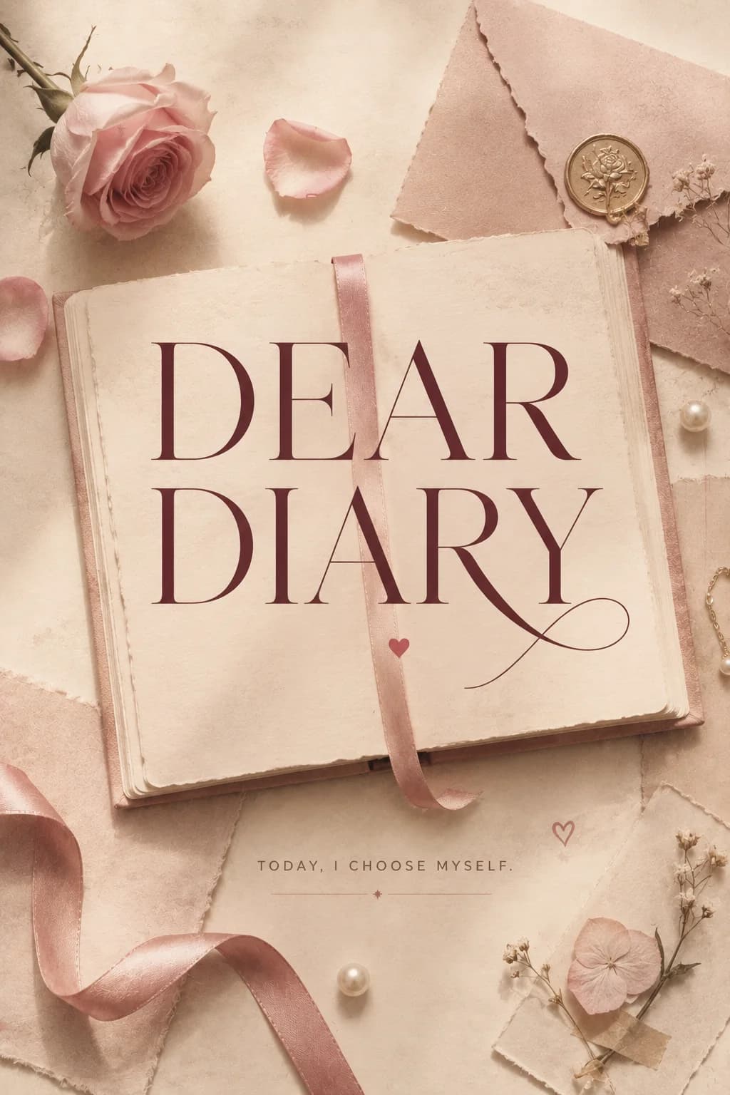 Open journal with Dear Diary in rose serif, a rose, wax seal and scattered petals