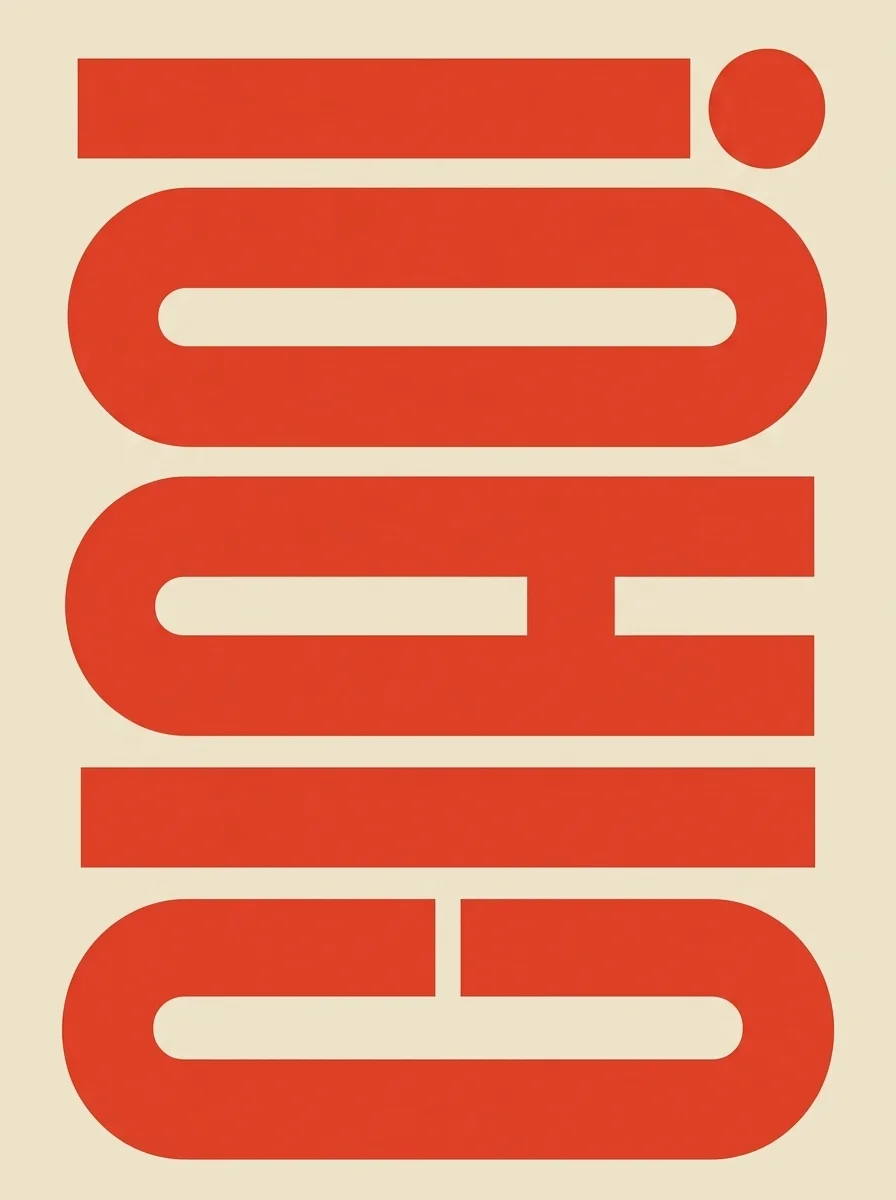 Bold red Ciao lettering rotated and cropped to the edges on cream
