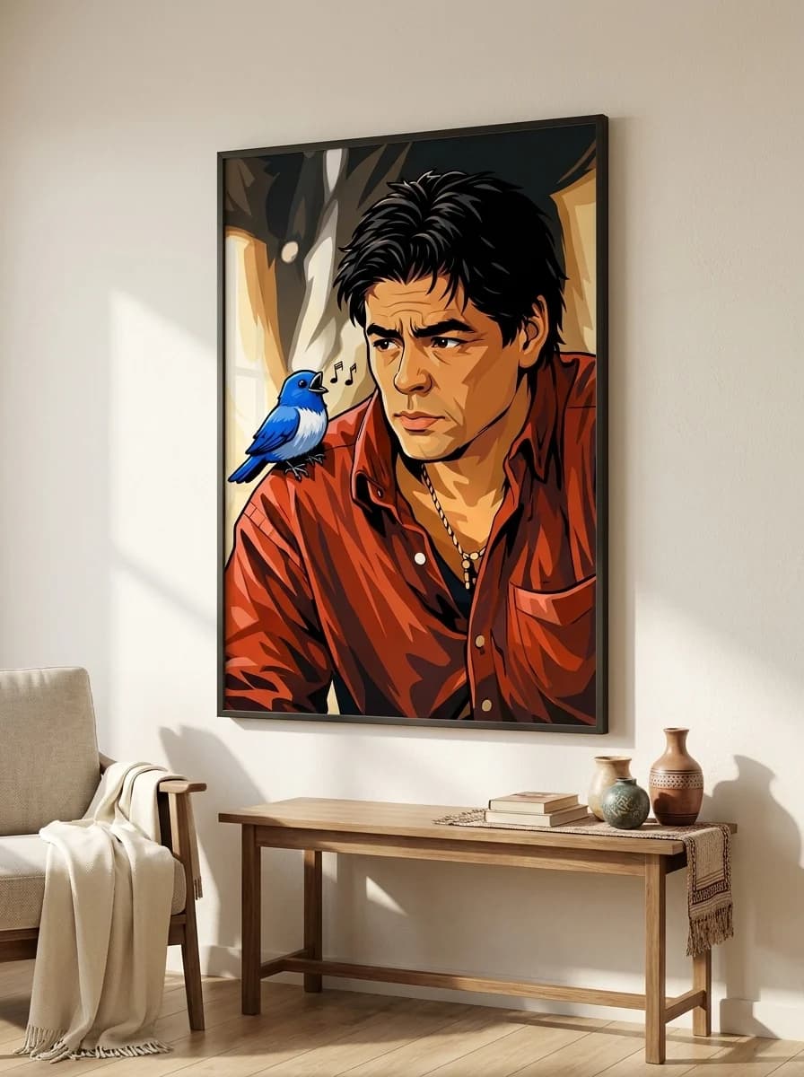 Alejandro framed wall art on display above wooden console table