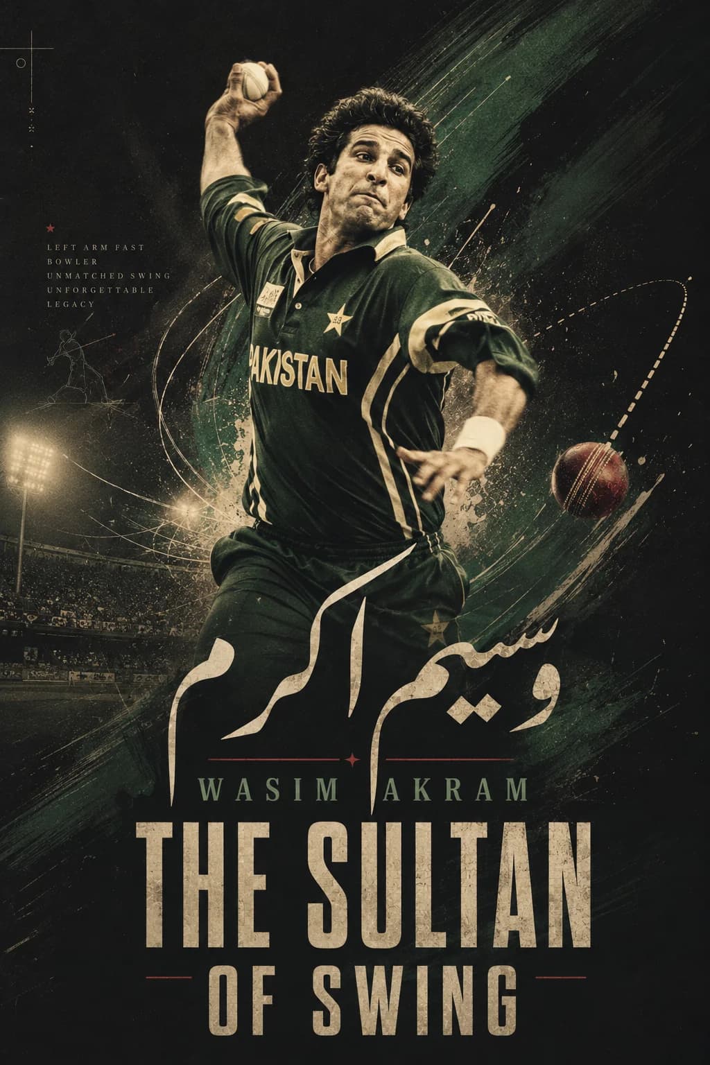 Wasim Akram celebrating under floodlights with a green swing arc behind him