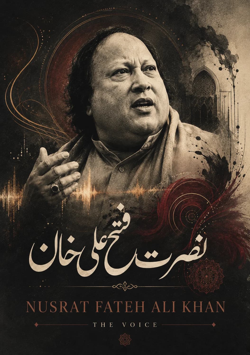 Portrait of Nusrat Fateh Ali Khan mid-performance with sound rings and Urdu calligraphy