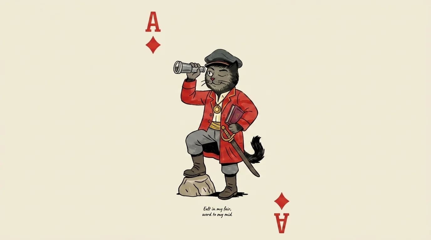 Illustrated cat in a red coat with a spyglass, drawn as an Ace of Diamonds card