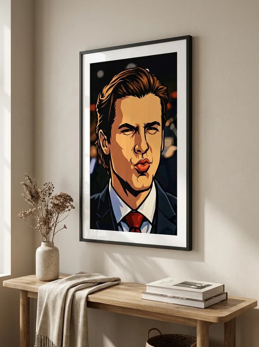 Patrick Bateman framed canvas displayed above wooden console table