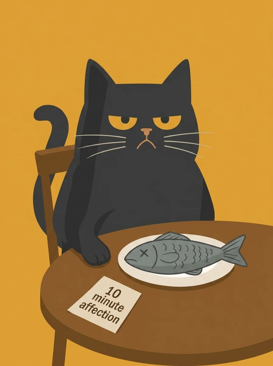 Illustrated black cat at a table with a fish and a note reading 10 minute affection