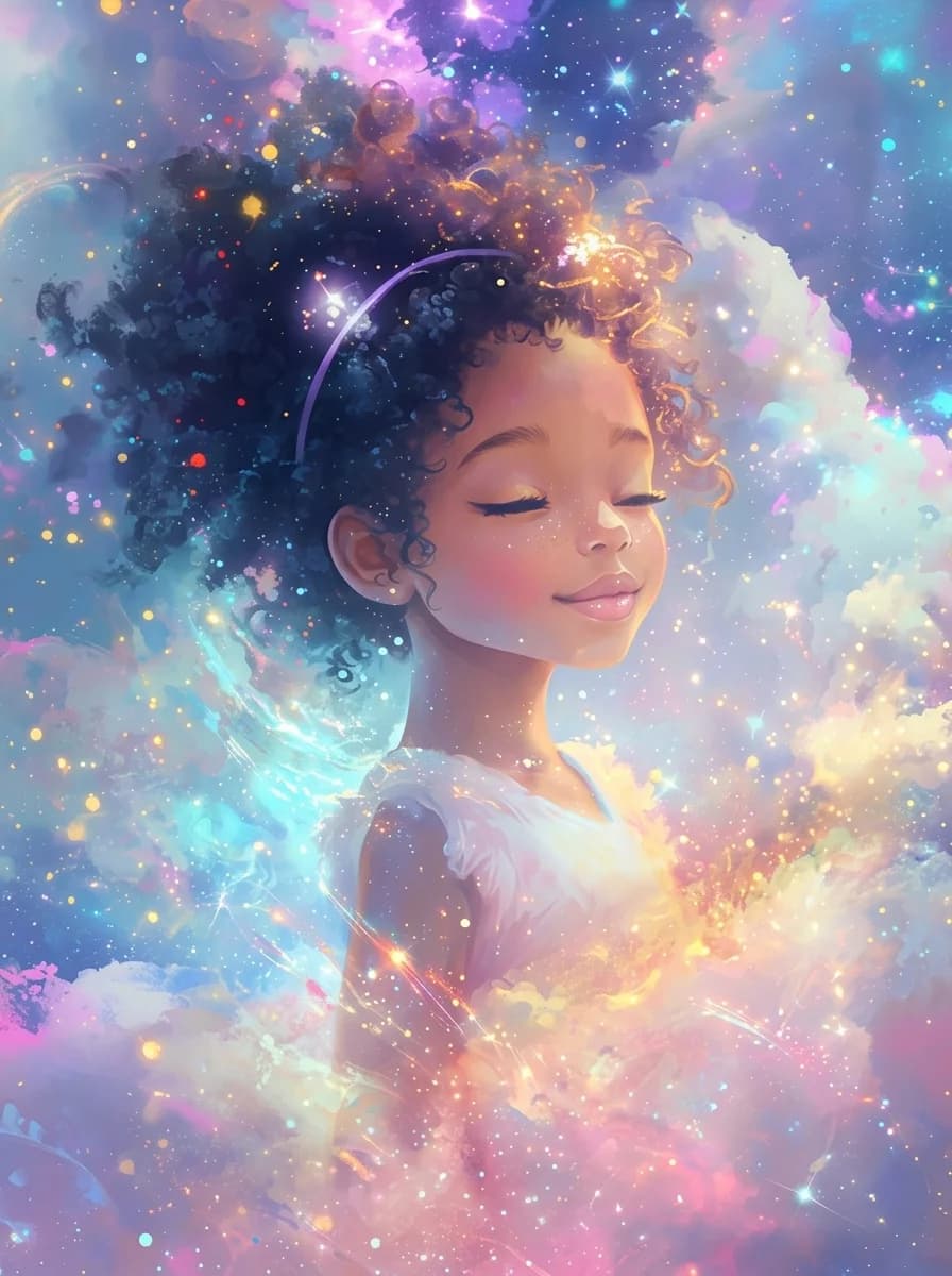Girl with closed eyes surrounded by pastel nebula clouds and scattered stars