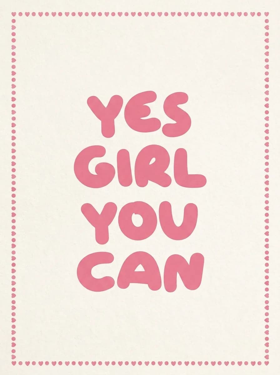 Pink bubble lettering reading Yes Girl You Can inside a dotted border