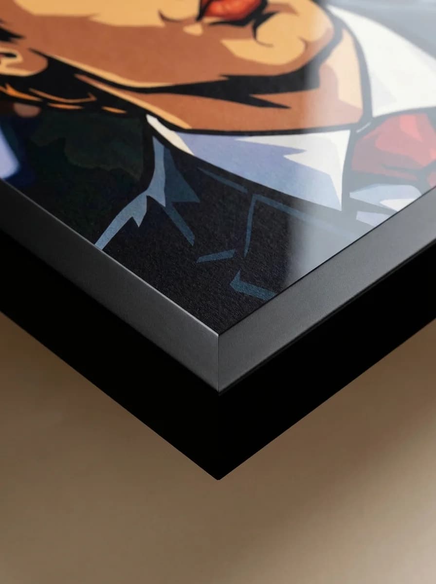 Close-up macro detail of Patrick Bateman pop art canvas frame corner