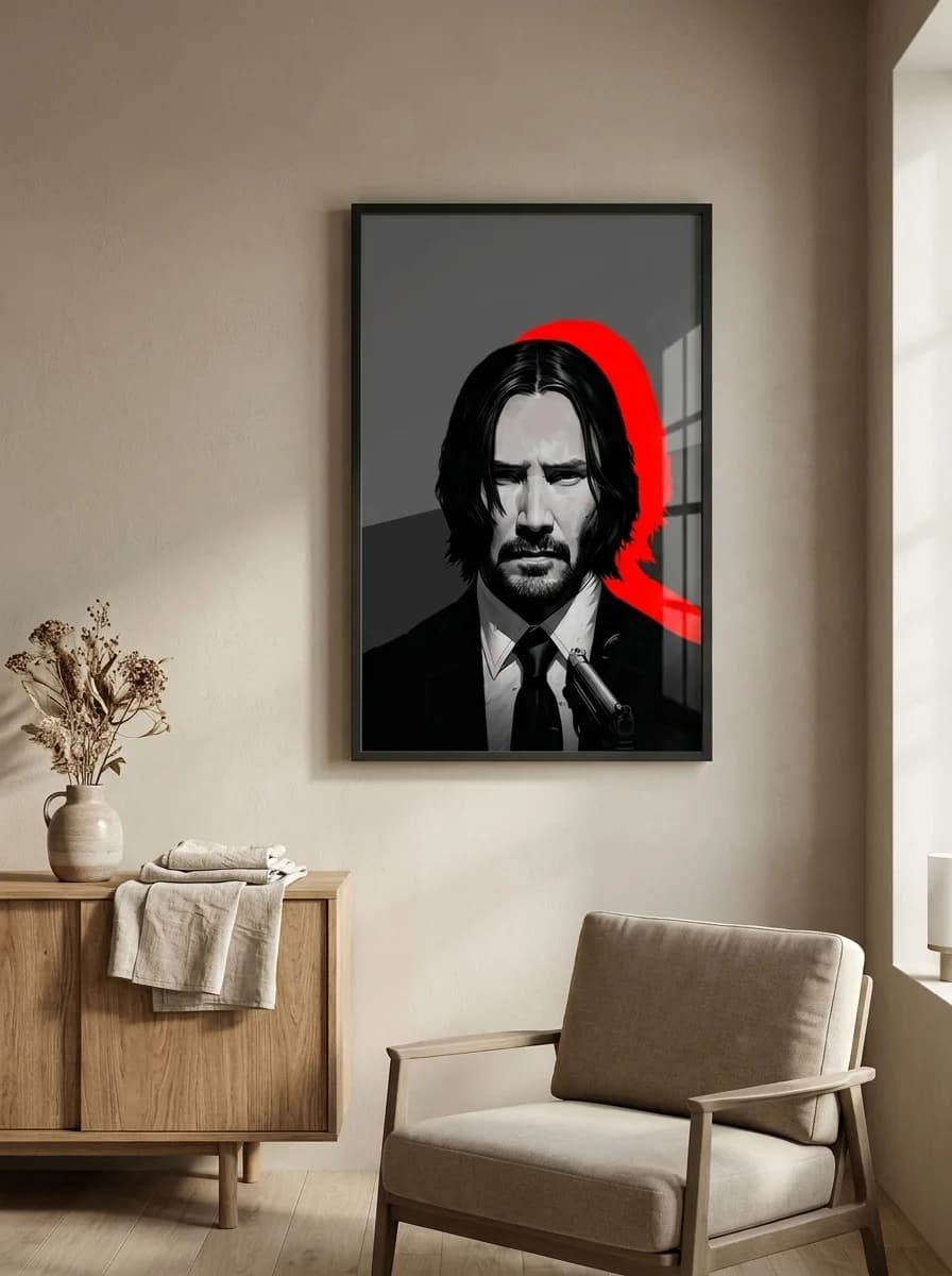John Wick canvas wall art in modern lounge with armchair