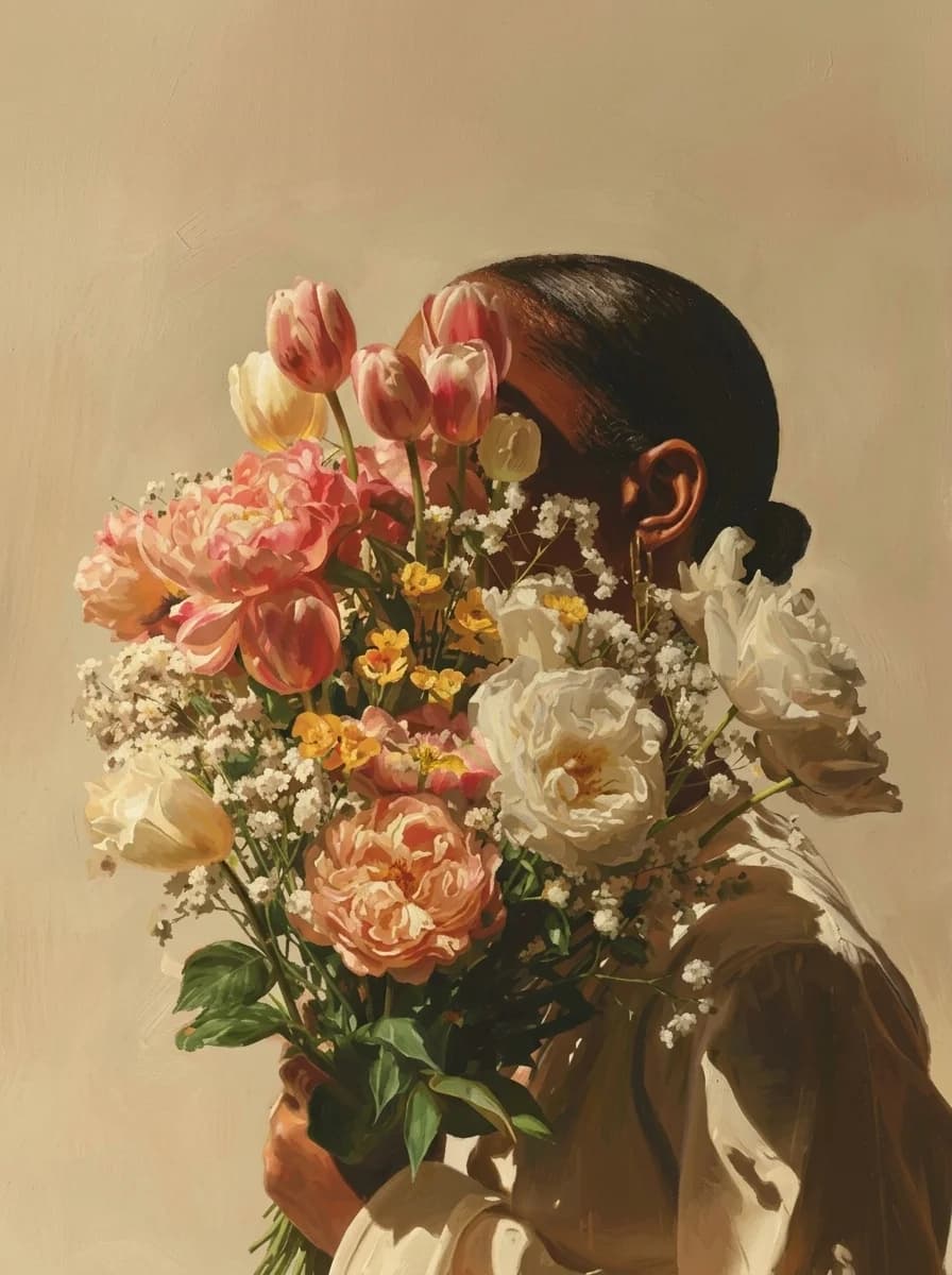 Woman holding a loose bouquet of tulips and garden roses that covers her face