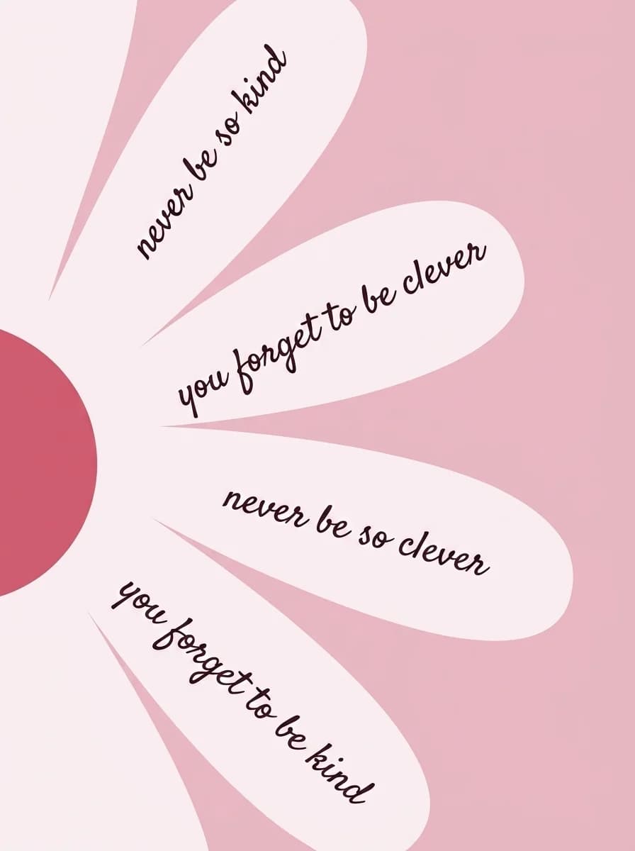 Cropped pink daisy with a line of script running along each petal
