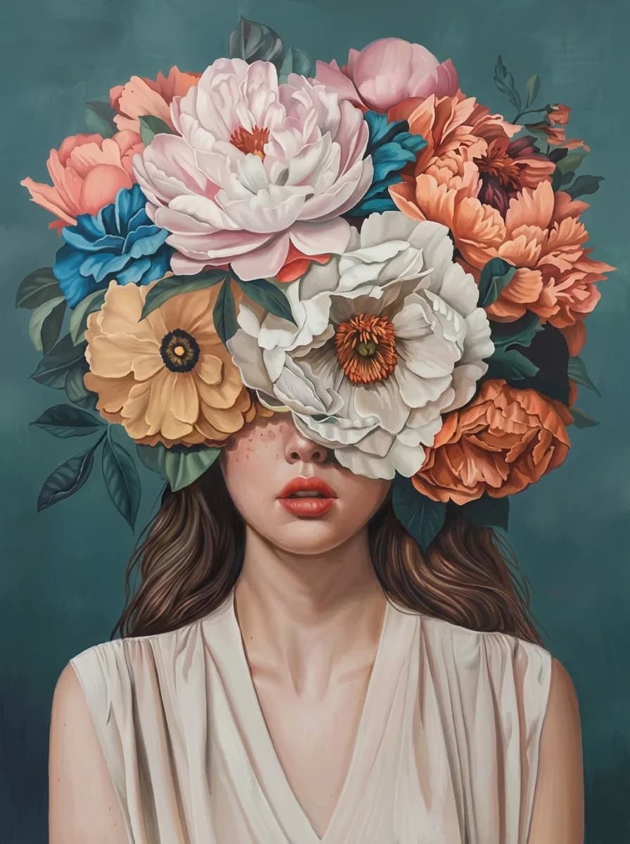 Woman with a crown of peonies and dahlias covering her eyes against a teal ground