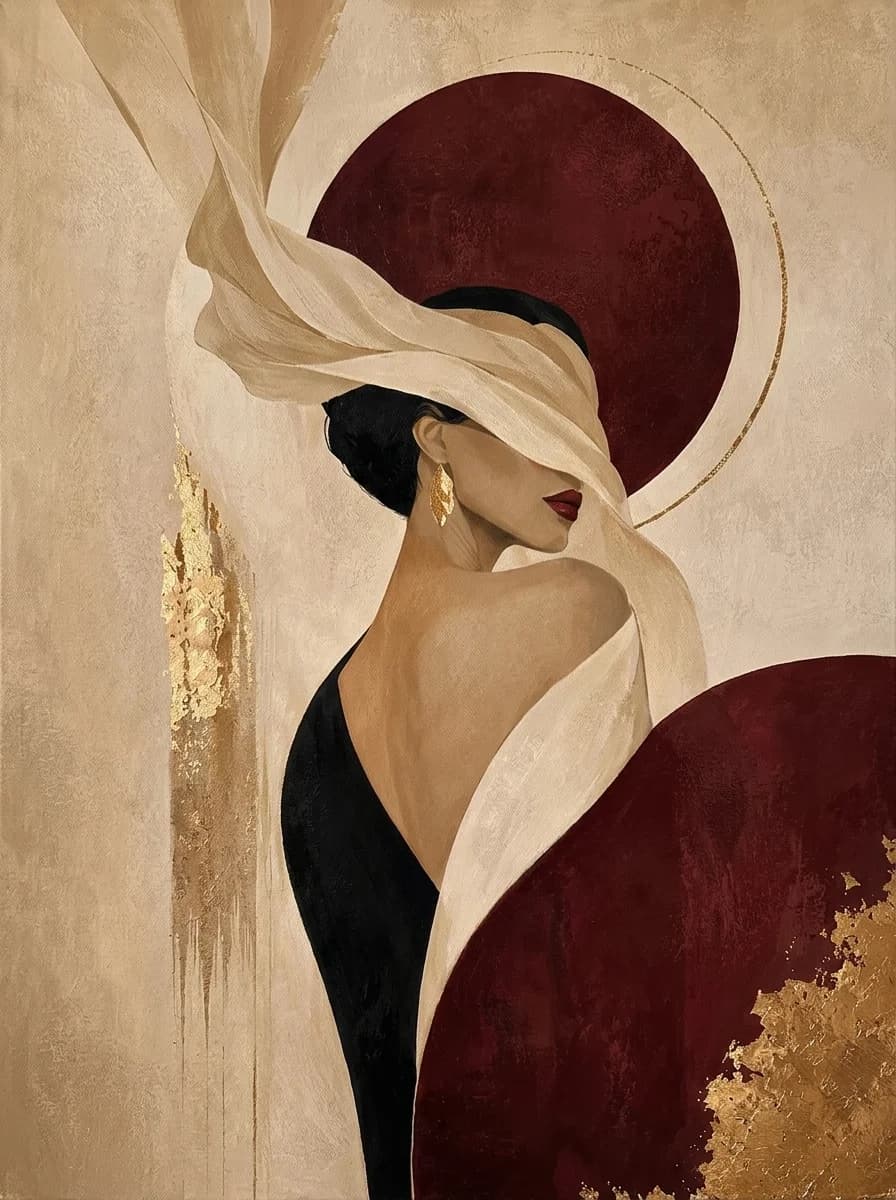 Woman in a black dress and cream wrap against a crimson circle edged with gold leaf