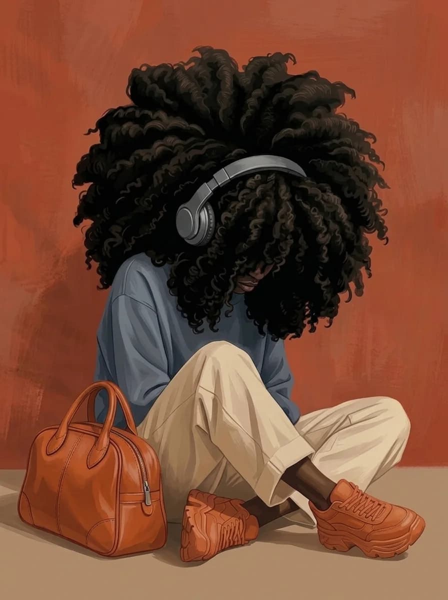 Girl seated on the floor with headphones, hair covering her face, against a terracotta wall