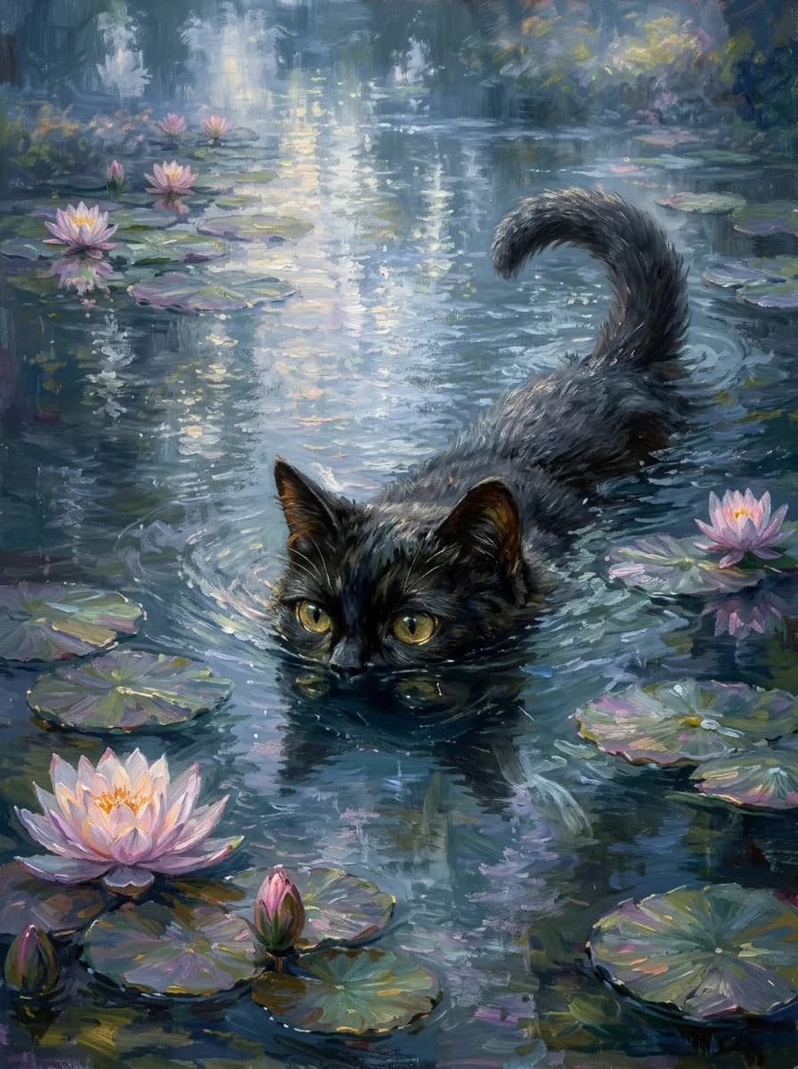 Black cat wading through a moonlit water lily pond in impressionist brushwork