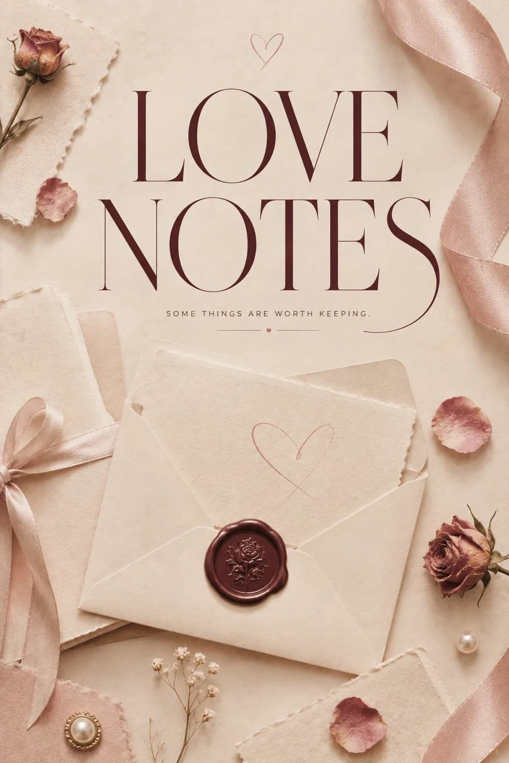 Cream envelope with a blush wax seal, dried roses, pearls and a trailing ribbon
