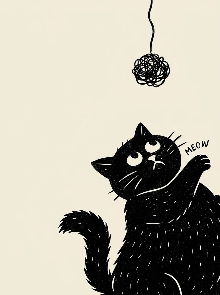Linocut-style black cat reaching for a ball of yarn with hand-lettered Meow