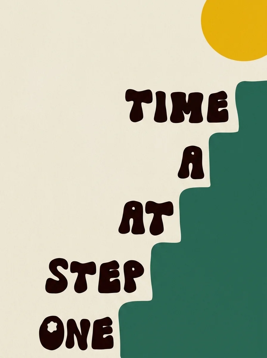 Chunky retro lettering climbing a green staircase beneath a mustard sun