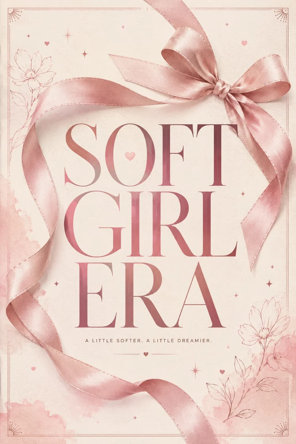 Soft Girl Era in rose serif type beneath a satin bow on blush pink