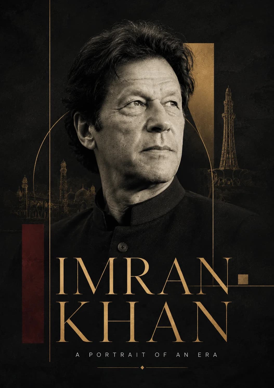 Dark portrait with Minar-e-Pakistan behind and the name set in brushed gold