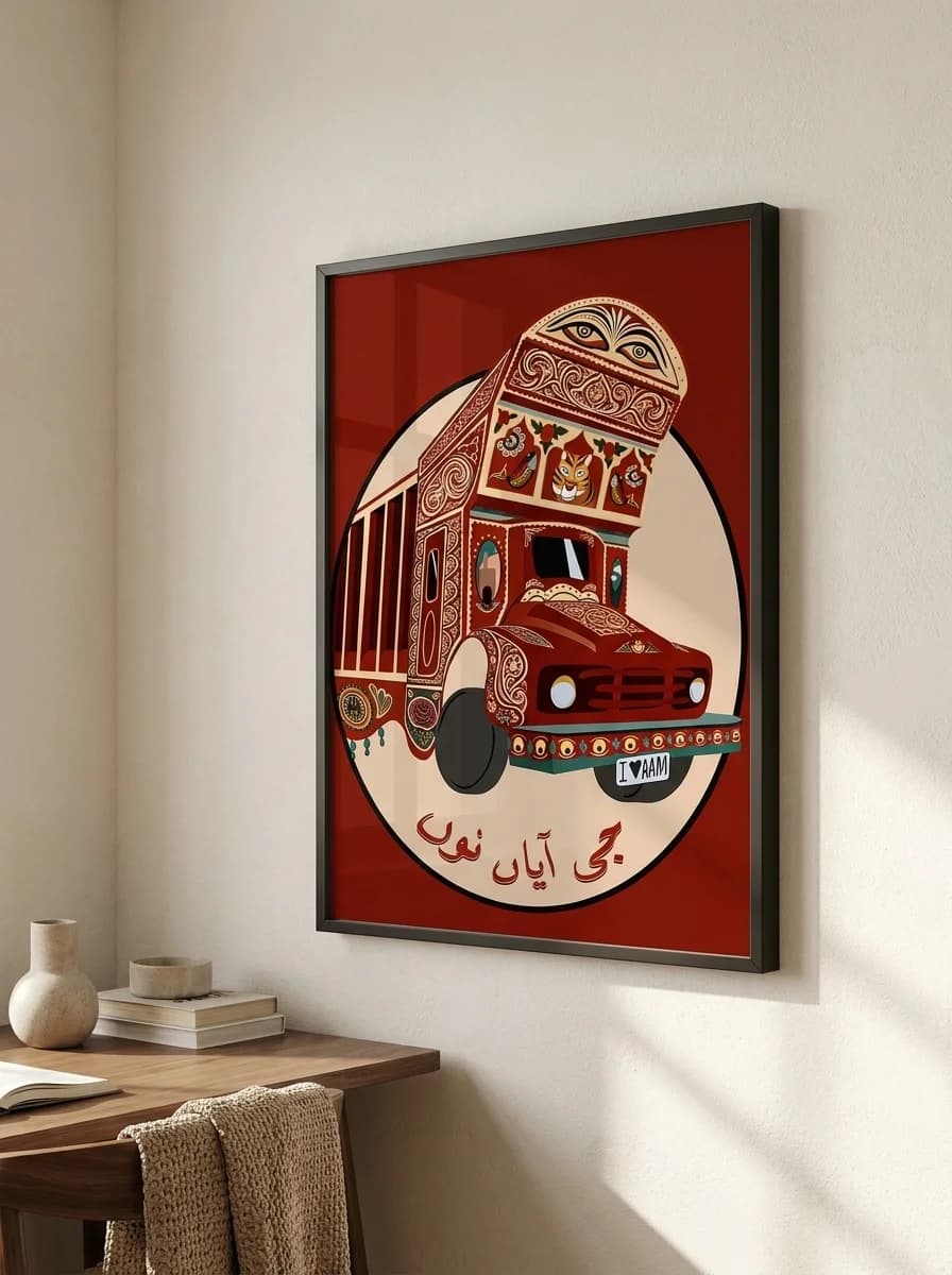 Truck art canvas in a black floating frame on a warm white corner wall