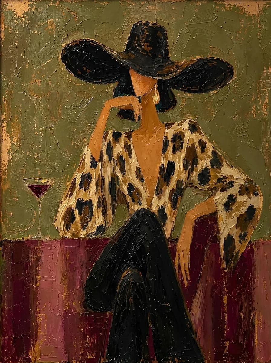 Palette knife painting of a woman in a wide black hat and leopard jacket