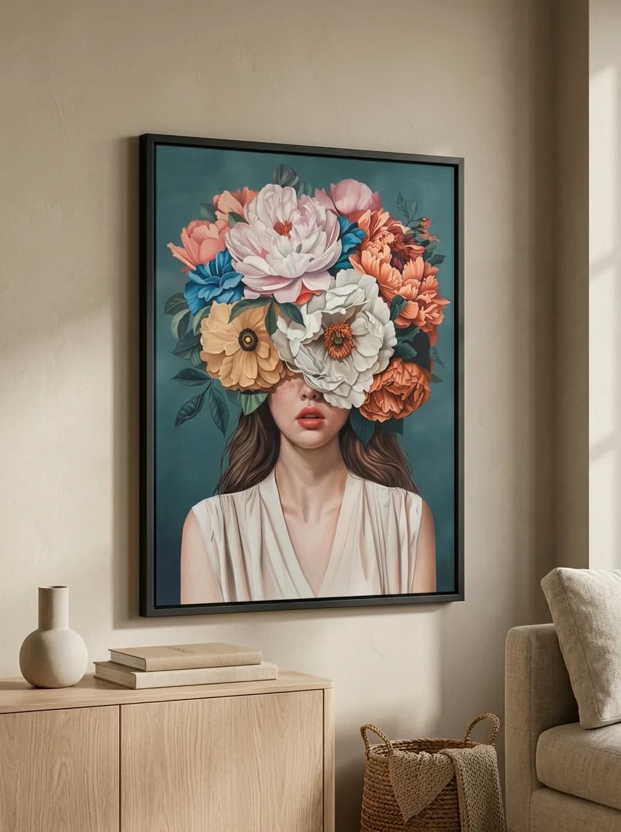Flower Crowned — Teal Floral Portrait Canvas Wall Art