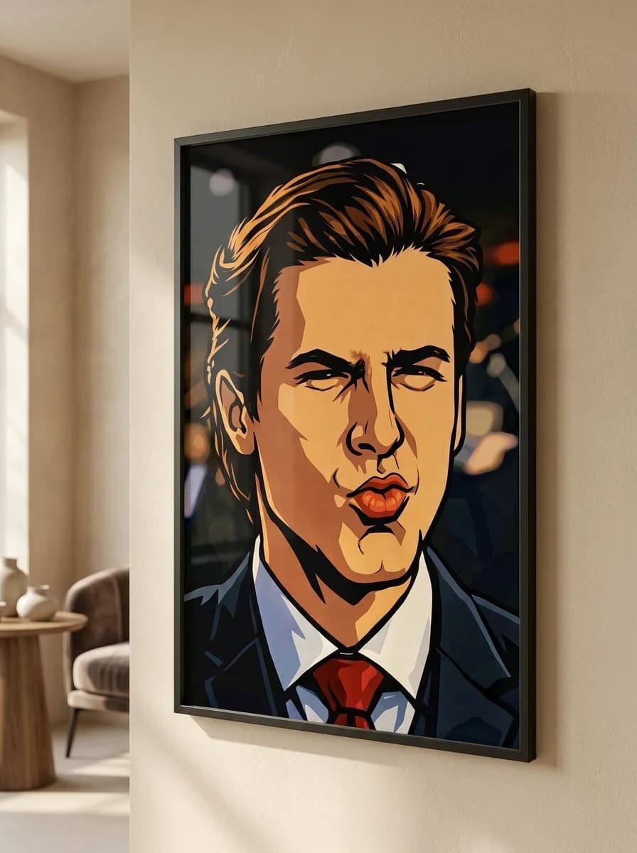 Patrick Bateman pop art canvas hung on neutral living room wall