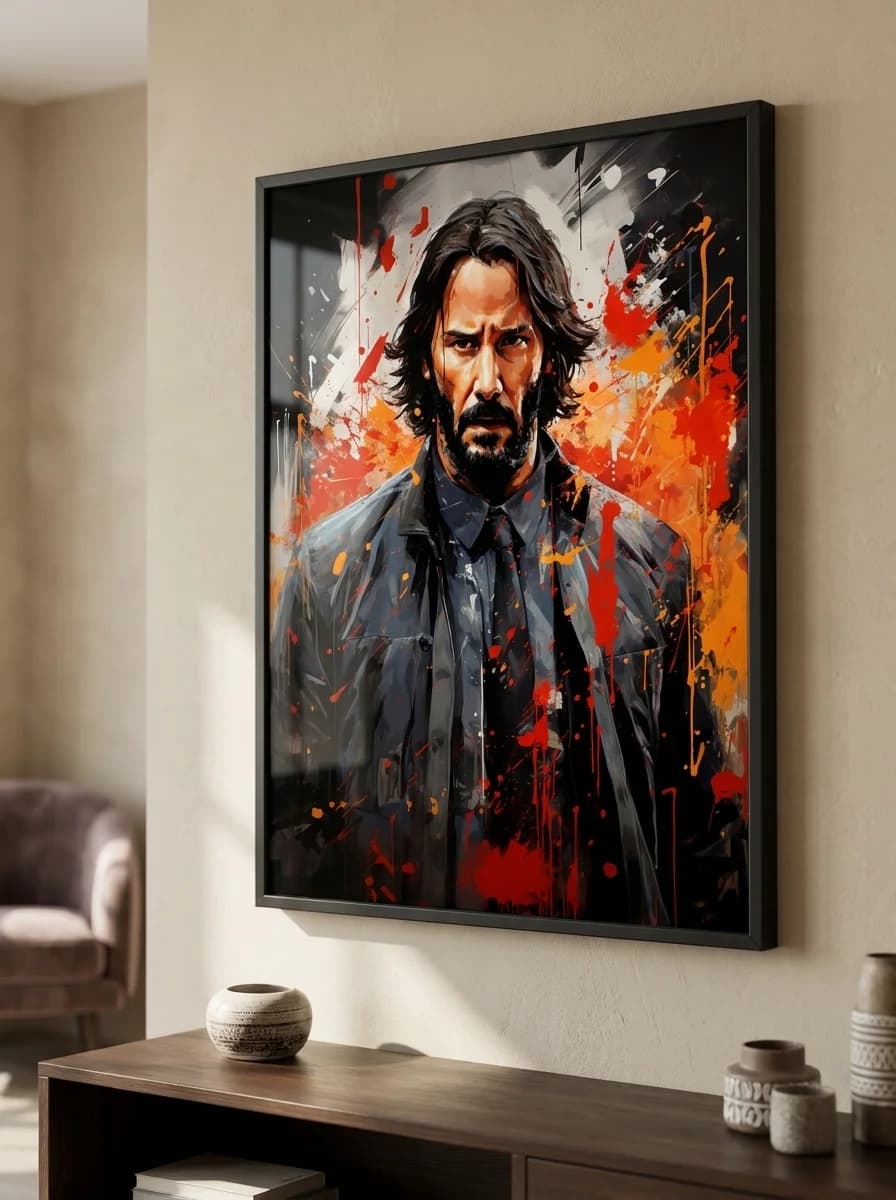 John Wick canvas art above modern dark wood credenza